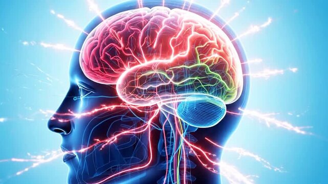 A video showcasing a colorful human brain with glowing neural connections inside a human head, set against a blue background.