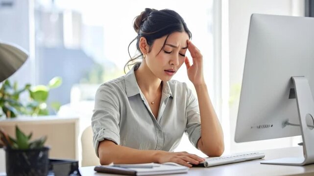 Stressed woman at her desk, feeling overwhelmed and exhausted at work.