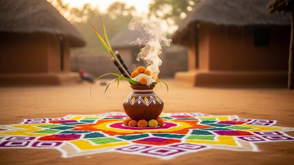 Vibrant Pongal festival celebration with decorated pot on colorful kolam in front of traditional huts