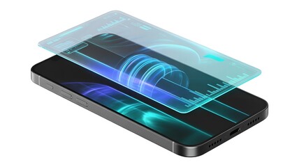 Futuristic Smartphone with Glowing Holographic Data Interface and Blue HUD Display