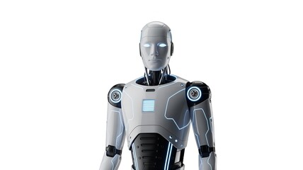 Modern Humanoid Robot with Glowing Blue Eyes and Chest Interface, Representing Automation and Next Generation Machine Learning
