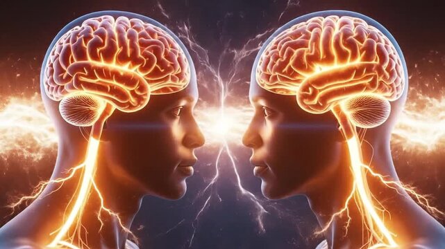 Two human brains connected with energy, concept of telepathy and mind connection.