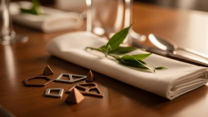 Elegant table setting with folded white napkin, cutlery, and decorative geometric shapes on a wooden table