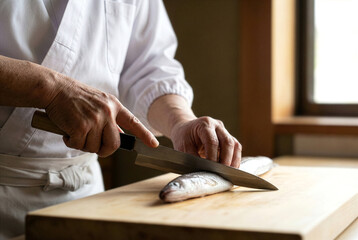 Obraz premium Close-up of Japanese chef's hands skillfully preparing fish in traditional kitchen.
