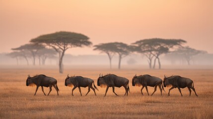 Obraz premium A serene sunset scene of wildebeest moving gracefully across the golden savannah landscape, capturing the beauty of nature and wildlife in harmony.