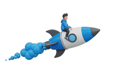 3D Cartoon Boy Riding a Rocketship with Blue Smoke