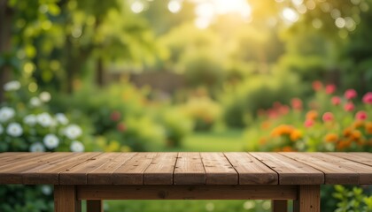 Empty Wooden Table with Garden Bokeh Background for Country Outdoor Product Display Mockup Template