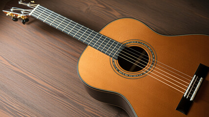 Beautiful acoustic guitar on wooden table for music making