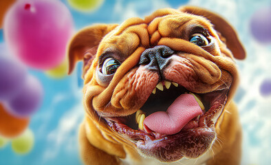 Hyper-Realistic Portrait of an Extremely Happy Dog with Colorful Balloons