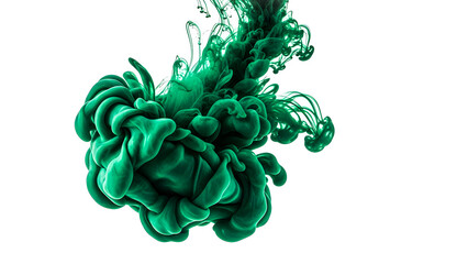 Vibrant green ink dissolving in clear water, creating mesmerizing abstract fluid patterns against a pristine white background, showcasing dynamic motion and organic shapes