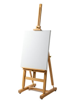 Sturdy light oak h-frame easel, polished brass hardware, holding a pristine blank cotton canvas, isolated on a brilliant white background with soft shadow, concept of creative freedom