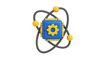 3D Atom Model with CPU and Gear Icon