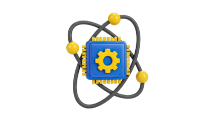3D Atom Model with CPU and Gear Icon