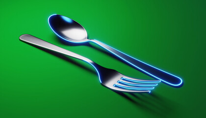 Blue Spoon and Fork Scene on Green Background.