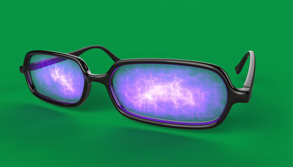 Stylish purple reflective glasses on green background.