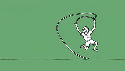 Playful Child Jumping Rope Against Green Background.