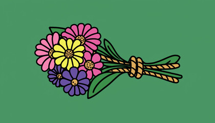 Bouquet of Colorful Flowers Bound with Rope.