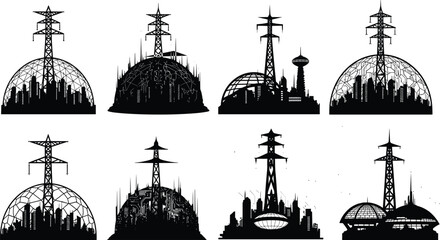 Futuristic city domes, transmission towers, black silhouette, energy infrastructure, sci-fi architecture, protected urban design, concept art, power grid, innovation, skyline © MdJoshel