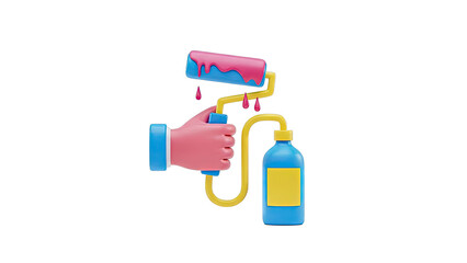 3D Illustration of Paint Roller with Pink Paint and Dispenser Bottle