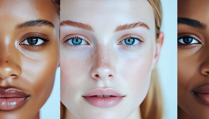Harmony of Complexions: A visual symphony showcasing the beauty and diversity of three distinct skin tones, highlighting the natural allure and unique radiance of each individual face.