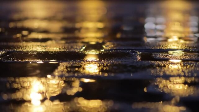 Night reflections on wet cobblestone pavement with blurred lights