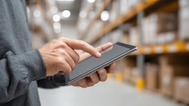 Managing Global Logistics with Tablet Technology Inside Modern Warehouse Environment for Efficient Operations - Powered by Adobe