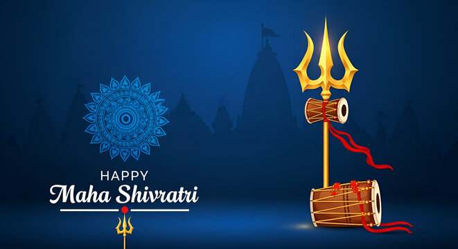 Maha Shivratri festival vector illustration with Lord Shiva symbols, trishul, and damru on spiritual background for Hindu religious celebration