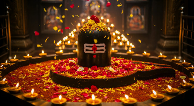 Sacred Lord Shiva Lingam Vector Illustration with Trishul and Damru - Hindu Spiritual Symbol for Maha Shivratri and Sawan Festival