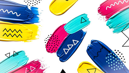 Vibrant abstract paint strokes with playful geometric patterns creating a dynamic and colorful artistic background for modern design projects