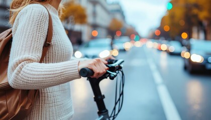 Urban Commute: A person on a scooter navigates the bustling city streets, framed by blurred background and city lights. capturing the movement, efficiency, and vibrant pulse of urban living.