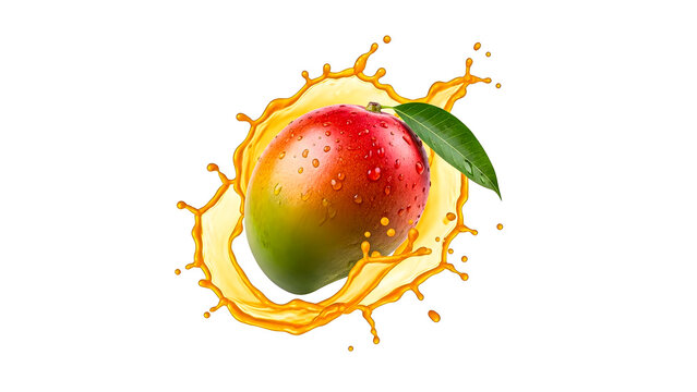 Ripe mango splashing juice with vibrant colors and dynamic motion