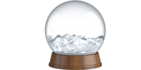 Clear glass globe with silver base and snow isolated on a transparent background