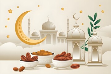 White mosque with golden crescent and dates in bowls on a table