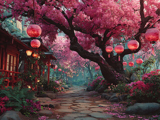 a charming street scene with blooming pink cherry blossom trees and traditional lanterns hanging along the street. The street is paved with cobblestones, and the pink flowers 