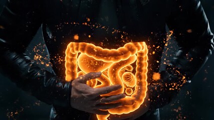 Man clutching glowing intestine hologram. Stomach and intestine visualized showing gut pain and digestion issue. Medical wellness concept for health education. Futuristic clinical tone and focus.