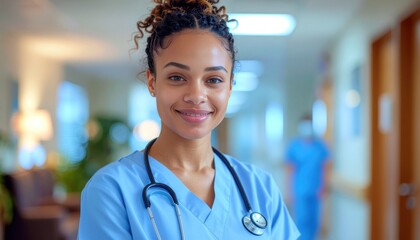 Confident Caregiver: A compassionate and skilled nurse, adorned in professional attire, radiates warmth and empathy, embodying the essence of healthcare dedication within a hospital setting.