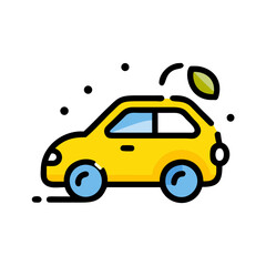 Bright yellow car with flying leaf