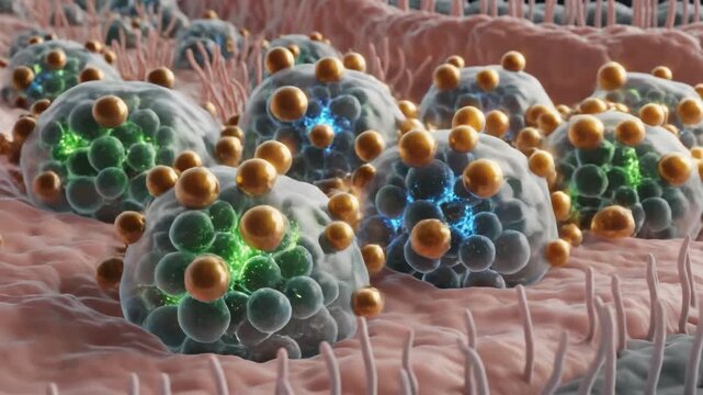 Microscopic view of Clara cells in bronchioles, showing cellular structures and cilia.
