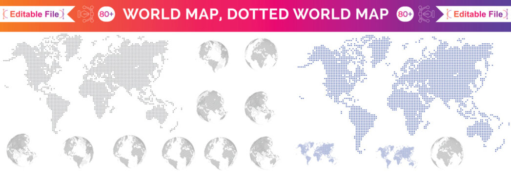 Big set of maps and globes. Pins collection. Different effects. Transparent Vector illustration