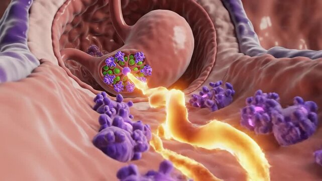Microscopic view of stomach parietal cells and secretion process