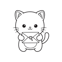 Fototapeta premium Cute Valentine Cat Icon — 1 Black and White Outline Cat Holding Love Letter Vector Illustration