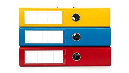 Three colorful office binders stacked on top of each other with blank labels