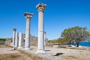 Columns on the ruins of an ancient basilica on a sunny May day. Tauric Chersonese. Sevastopol, Crimea
