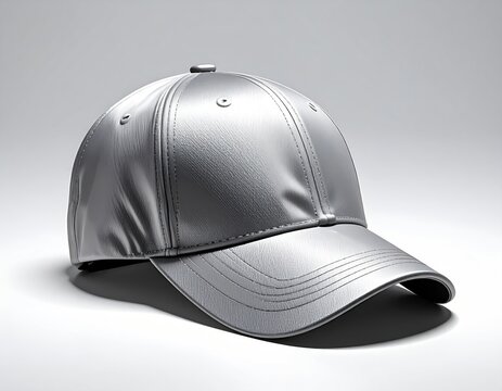 A metallic, baseball-style cap with curved brim casts a gentle shadow