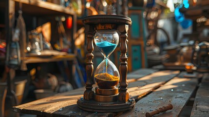 Antique Hourglass On Weathered Wood Desk