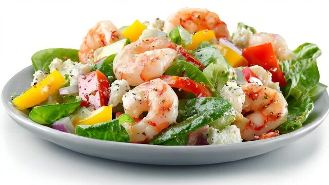 Delicious shrimp salad with vegetables on a plate isolated on white background