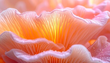 Digitally enhanced macro photo of mushroom caps gills in warm pink yellow tones. Abstract organic pattern with smooth texture and radiant light, perfect for modern design