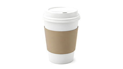 A disposable coffee cup with a brown sleeve and white lid on a plain white background