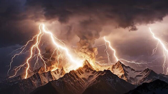 Dramatic Lightning Storm Illuminates Majestic Mountain Peaks at Night.