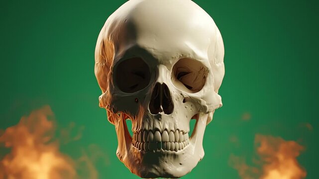 Dramatic Skull Emoji Surrounded by Fire and Smoke on Green Screen